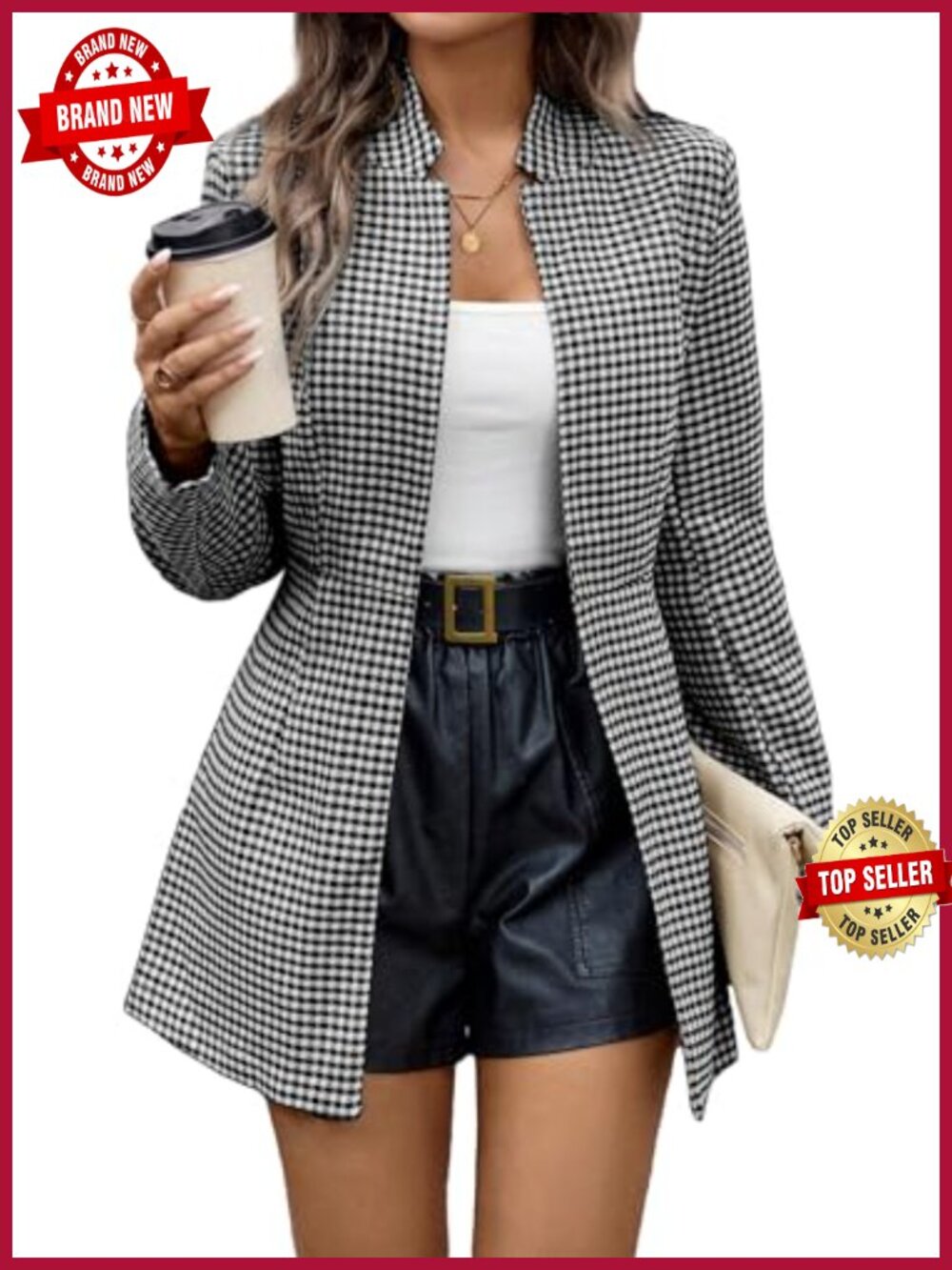 Womens Long Plaid Blazer Open Front Business Casual Work Jacket